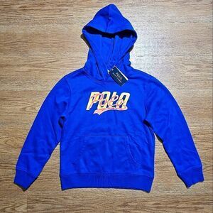 Polo Ralph Lauren Varsity Logo Hoodie Blue Orange Youth Medium M Cotton Blend LE